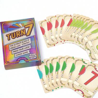 《TURN 7》是一款快节奏的卡牌游戏，适合家庭之夜——刺激的冒险策略桌面挑战——充满风险与回报的派对乐趣——便携式旅行设计——易于上手，适合多人游戏——社交聚会和竞技策略的理想之选。