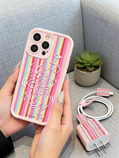  Estuche de teléfono con patrón de dibujos animados rosa 5 en 1 con licencia oficial de Hasbro - Cubierta del cargador, protector de cable, cordón, estuche protector de TPU resistente a los golpes, compatible con iPhone 6-13 Pro Max, gran regalo para parejas, hijas, novias, adolescentes