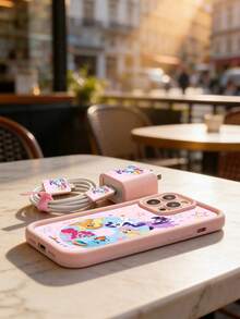 Hasbro offiziell lizenzierte 5-in-1 rosa Cartoon-Themen Handyhülle Set - beinhaltet Handyhülle, Ladegerät Kopfabdeckung, Kabel Schutz, Kabel Aufbewahrung, kompatibel mit iPhone 6-13 Pro Max, tolles Geschenk für Freundin, Tochter, Teenager - Pink - Übersicht 5