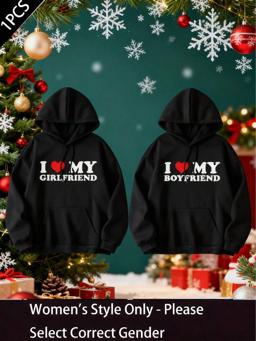 1PC Couples' Outfits - Valentine's Day ClothingMerry Christmas I LOVE MY GIRLFRIEND MY BOYFRIEND Design Graphic Hoodie Y2K Couples' Hoodies For Men & Women - Winter Fleece Warm Casual Sweatshirts, Perfect Gift For Her On Valentine's Day, Christmas & New Year - 女款-黑色 - 查看 1