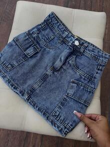 Graphite And Blue Denim Cargo Skirt With Side Pockets. - Teal Blue - View 2