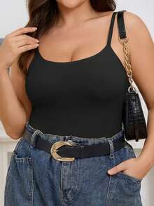 Plus Solid Built-In Bra Sports Cami Top Black - Black - View 5