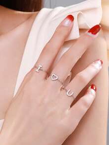 1件装925纯银甜美心形可调节链戒指 女士结婚宣言可叠戴首饰 - 銀色 - 查看 2