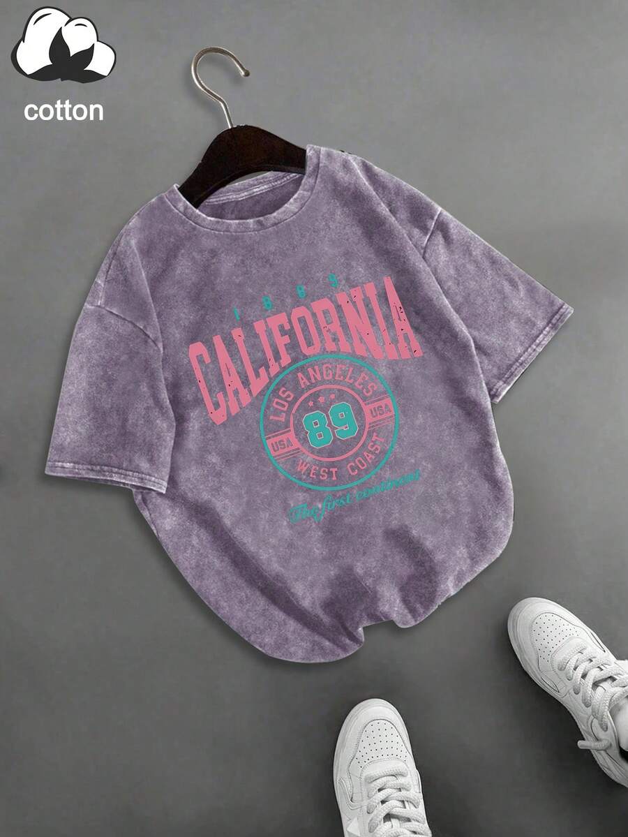 Áo thun nữ cỡ lớn kiểu dáng thường ngày in hình Los Angeles 89 West Coast USA 1889 cổ tròn, tay ngắn, thích hợp cho mùa hè đi học, trang phục mùa hè, đồ đi nghỉ hè, áo mùa hè. - Màu tím - Xem 1