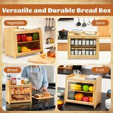 Caja de pan de bambú YUNRUICHI de doble capa con gran capacidad, estilo granja, contenedor de almacenamiento de pan con ventana acrílica transparente, organizador para alacena de cocina, madera natural - registro - Ver 6