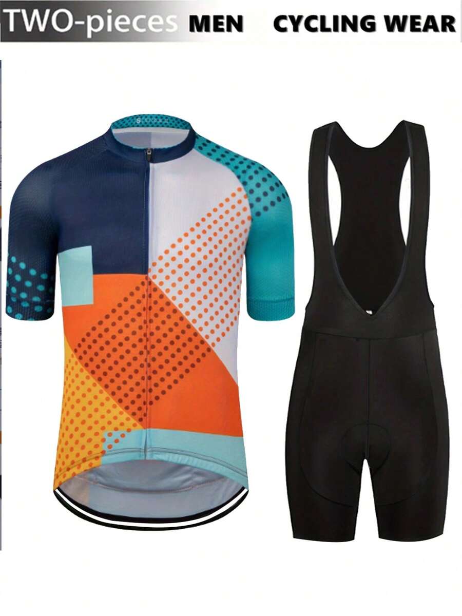 Bộ đồ thể thao đạp xe nam gồm áo tay ngắn raglan in chấm bi, cổ có khóa kéo và quần yếm.