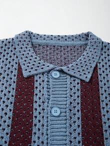 Men's Breathable Casual Hollow Out Collar Knit Cardigan, Spring/Summer - Blue - View 4