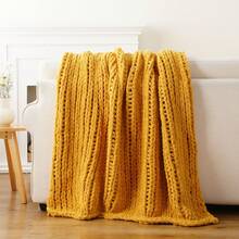 Mustard Yellow Chunky Knit Throw Blanket, Soft Thick Chenille Blanket,Handmade Cable Knit Crochet Blanket For Living Room Decor,50"X60" - 芥末 - 查看 1