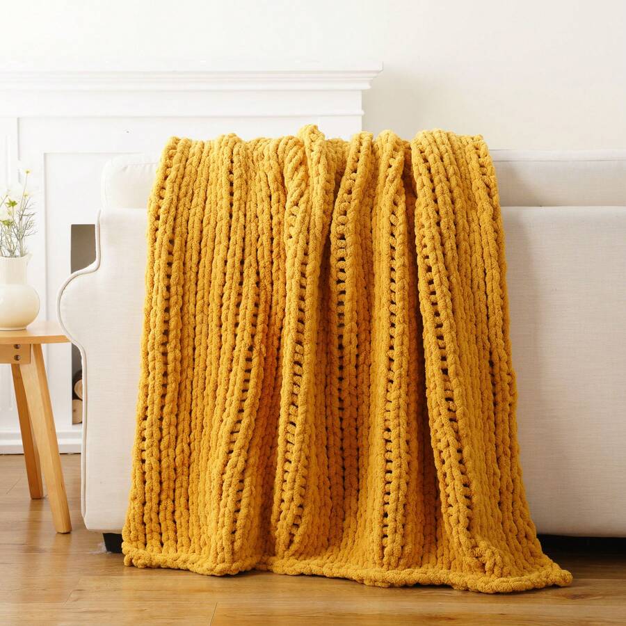 Mustard Yellow Chunky Knit Throw Blanket, Soft Thick Chenille Blanket,Handmade Cable Knit Crochet Blanket For Living Room Decor,50"X60" - 芥末 - 查看 1