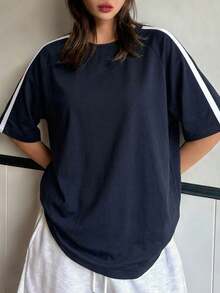 1件少女户外休闲时尚撞色条纹短袖T恤，春夏秋季款 - 藏蓝色 - 查看 4