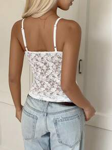 Y2K Style Lace Cami Top, Sexy Fitted White Casual Top, Suitable For Daily Street Style And Commuting Summer - White - View 2