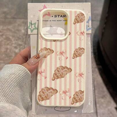 1pc TPU Material Pink Striped Bow Croissant Pattern Phone Case Compatible With IPhone 17 Pro Max/17/16 Pro Max/15/13/12/11, S20 FE/A15/S24/A55, Compatible With Redmi Note 11/Note 12/Note 13 Pro, Full Coverage Anti-Drop Soft Protective Phone Cover