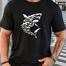 Men'S Red Shark Graphic Cotton Crew Neck T-Shirt - Casual Summer Tee with Bold White Shark Design, Slight Stretch Fabric for Comfortable Fit, Casual Attire  Summer Fashion  Soft Fabri - Negro - Ver 2