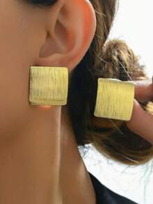 1 Pair Minimalist Square Geometric Textured Casual Creative Earrings, Korean Style - Gold - View 3