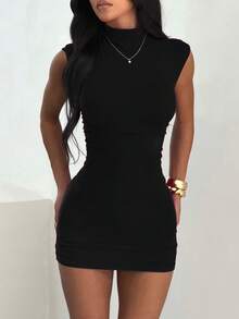 纯色半高领褶皱弹力夏季连衣裙 黑色连衣裙 情人节连衣裙 女士优雅连衣裙 派对沙滩连衣裙 婚礼宾客连衣裙 红色连衣裙 春季 - 黑色 - 查看 2