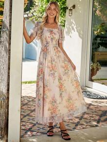 Elegant Square Neck Floral Mesh Tiered Flowy Vacation Beach Maxi Dress - 杏色 - 查看 4