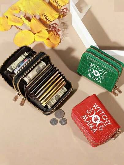 حامل زيبر محمول مع كلمة مرور للرجال والنساء بطبعة "WITCHY MAMA"، حقيبة منظم للبطاقات، حافظة للمستندات الصغيرة، محفظة عملات أنيقة