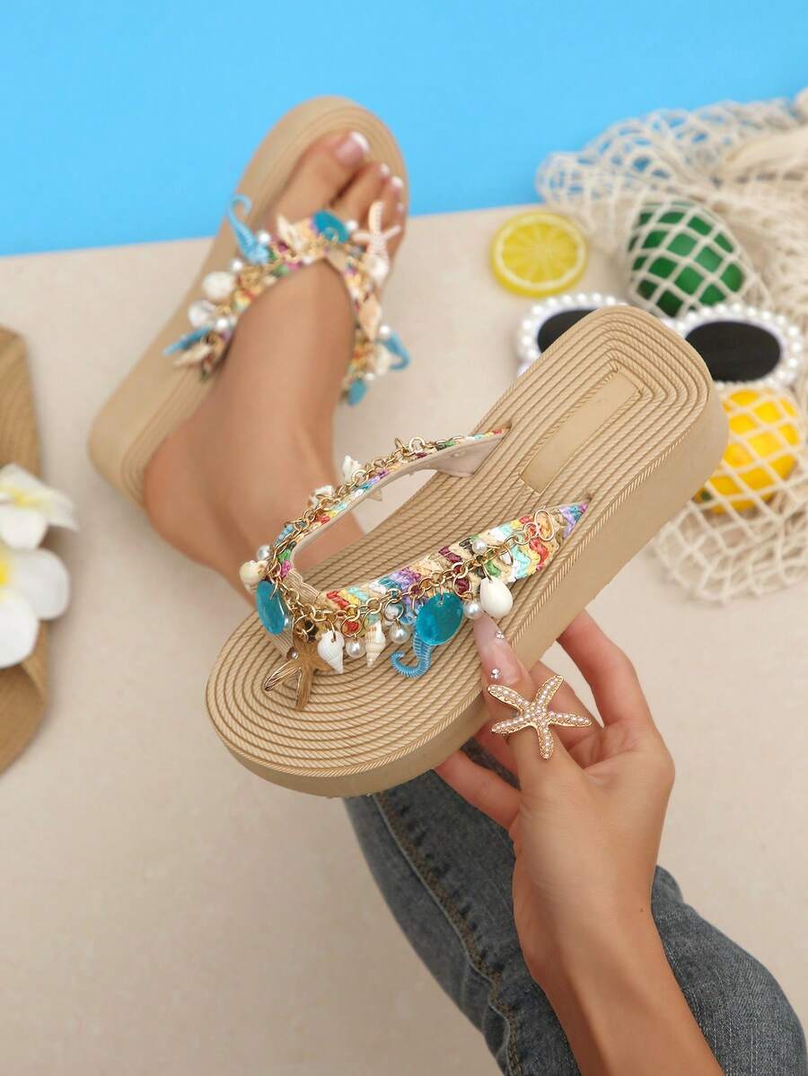 Spring/Summer EVA Vacation Bohemian Platform Wedge Slippers, Beach Resort Shell Chain Decor Women Sandals,Wedge Sandals