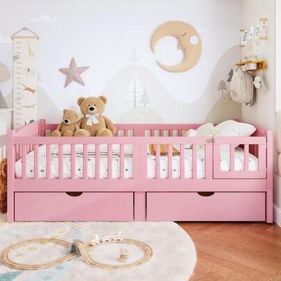 Twin Size Crib Toddler Bed With Storage Drawers, Cute Bed For Toddler For Boys & Girls, Twin Toddler Bed With Guardrails & Crib Style Headboard