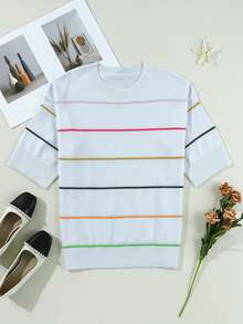 Acelitt Top tricoté casual à épaules dénudées avec blocs de couleurs et rayures, manches 3/4, convient pour toutes les saisons - Bleu gris - Voir 6