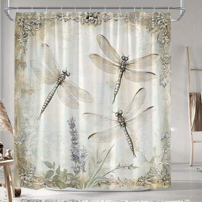 1 件复古蜻蜓薰衣草图案浴帘，涤纶梭织面料，可机洗，时尚主题，配有 12 个挂钩，70.8x70.8 英寸
