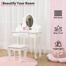 Set de Tocador Infantil de Madera con Espejo y Taburete, Juego de Maquillaje de Princesa con Cajones, Juguete de Simulación para Niñas y Decoración de Habitación, Regalo de Cumpleaños - Rosa - Ver 2