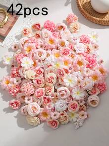 42/84件粉色人造花头套装，适用于家居卧室装饰、蛋糕装饰、花园装饰、新娘发饰、家居装饰、门廊装饰、走廊装饰 - 粉色 - 查看 7