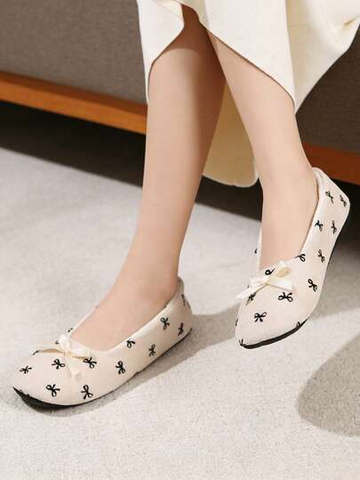 Women's New Solid Color Ballet Flats, Corduroy Material With Bow Decor, Comfortable Indoor Slippers With Soft Non-Slip Soles