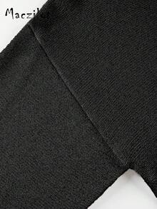 Plus Size Women Solid Color V-Neck Drop Shoulder Long Sleeve Casual Loose Sweater, Autumn/Winter Black - Black - View 8