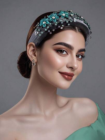 1pc Rhinestone Flower Headband, Elegant Velvet Sponge Thick Floral Headpiece Suitable For Brides, Weddings, Festivals, Carnivals, Gifts, Casual Wear For Women In Autumn/Winter