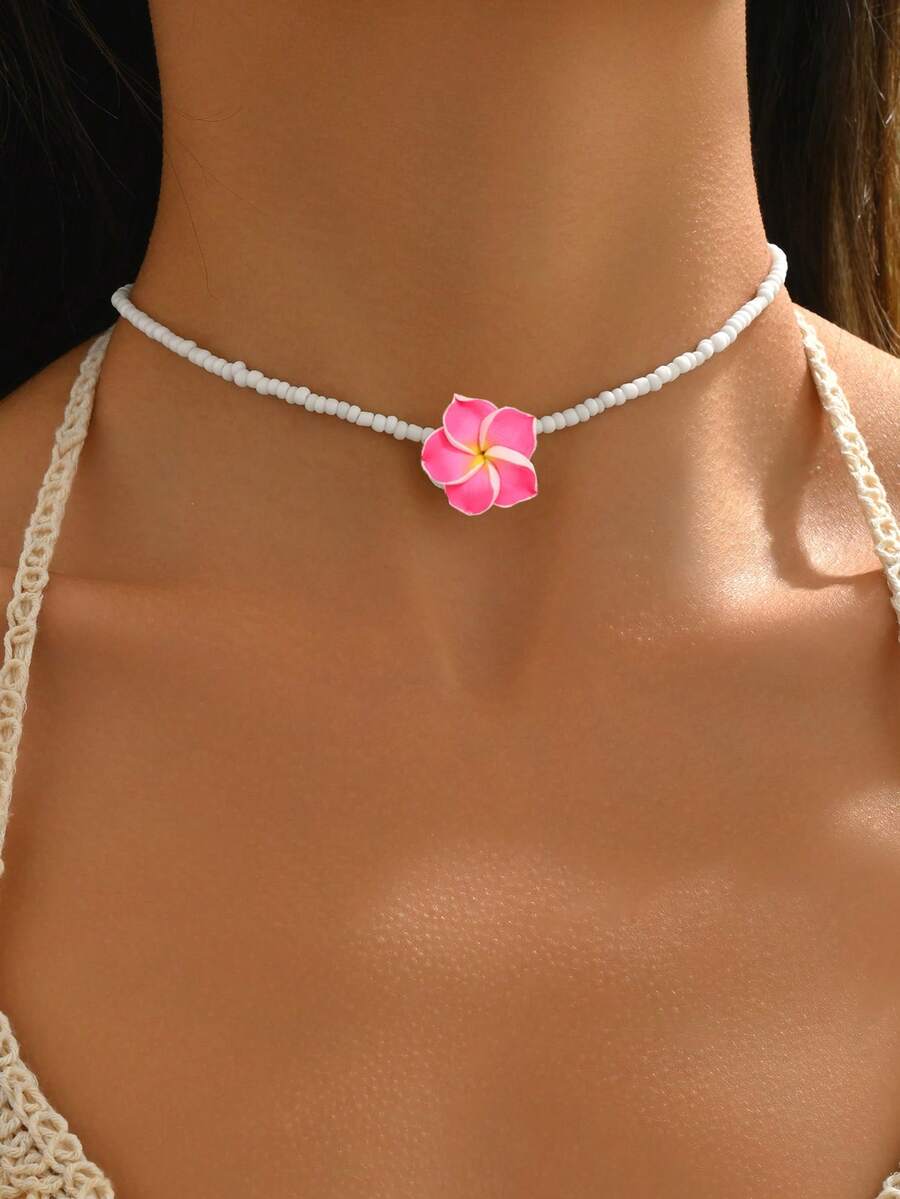 1件波西米亚风简约度假风玻璃珠和聚合物粘土花朵可调节项链，适合女性日常佩戴、海滩、度假、情人节、生日、度假礼物 - 粉色 - 查看 1