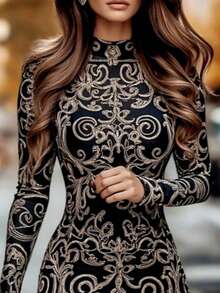 Women's Baroque Print Mandarin Collar Long Sleeve Fitted Elegant Chinese Style Dress - Black - View 3