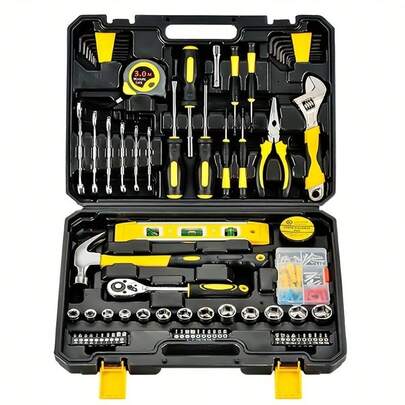 46pcs Multi-Function Ratchet Wrench Set, Men's Tool Kit With Hex Wrenches And Sockets, Tool Box, Auto Mechanic Tools, 1/4" Drive, Metric, With Extension Bar, Compact Multi-Functional Solution For Bicycle And Motorcycle Maintenance, Auto Repair And Household Use, Steel Plated Structure, Pre-Assembled, Manual, With Storage Box