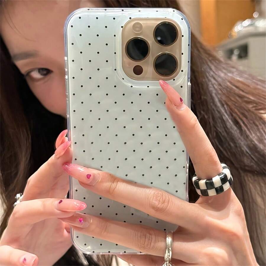 Korean Y2K Cute Polka Phone • 15, 16 Pro, 14 Pro, 13, 12, 11 • Charging Protective Cover • Women Festive Surprise Durable Shockproof Phone - 1pc - 查看 1