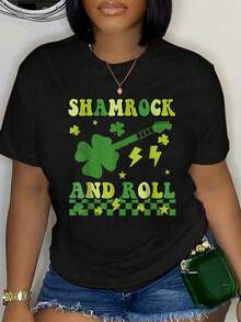 100% Cotton Shamrock And Roll St Patricks Day Retro Groovy Guitar Player T-Shirt Women's Summer Vacation Comfort Soft Crew Neck Tee Tops - 黑色 - 查看 5