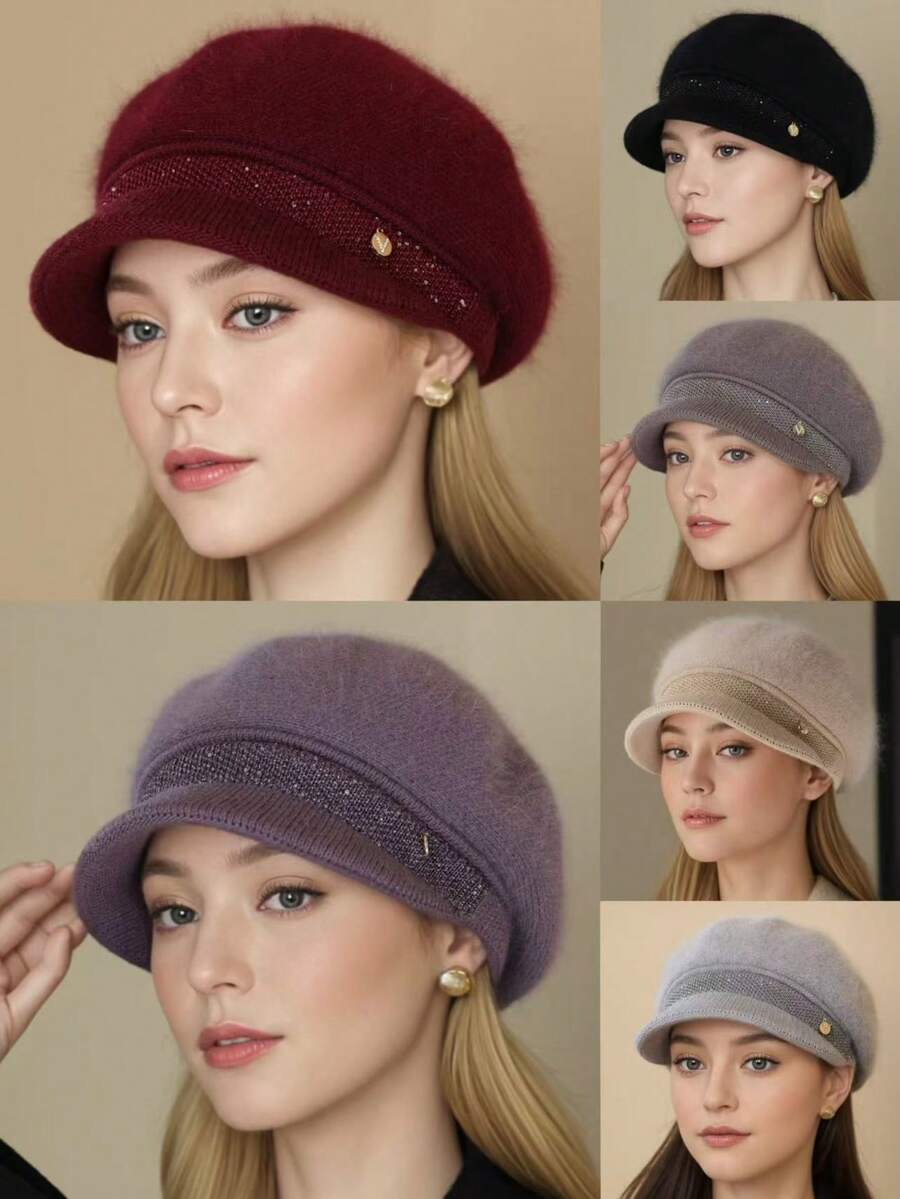 1 pieza Boina de punto decorada con rhinestones para mujer, boina de punto minimalista y versátil, boina vintage elegante estilo británico, gorra de punto casual con lentejuelas brillantes, adecuada para uso diario, otoño/invierno - A - Ver 1