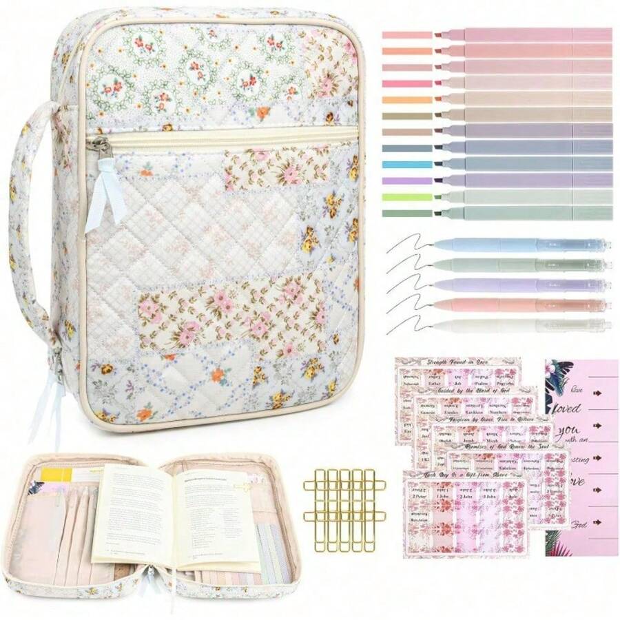 Women's Bible Cover Bag, Large Bible Cover Bag, Bible Study Supplies, Bible Journal Set, Book Carrying Case, Set With Bible, Highlighters, And Bookmark, Christian Gift - Patchwork Flowers - View 1