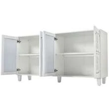 Aparador con espejo y tiradores de cristal, cuatro puertas y laminado móvil. Ideal para salón y comedor. 160 x 40 x 84 cm. - Blanco - Ver 9