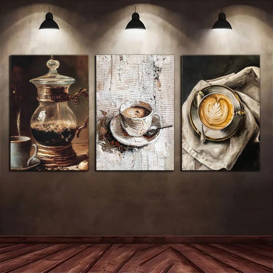 三件套复古咖啡艺术帆布墙饰，带木框，复古时尚现代墙面装饰，适用于厨房、客厅、咖啡厅，高品质防水帆布印刷，适用于家庭、办公室、酒吧、海报、宿舍等场所，可搭配木框使用。 - 咖啡 - 查看 1