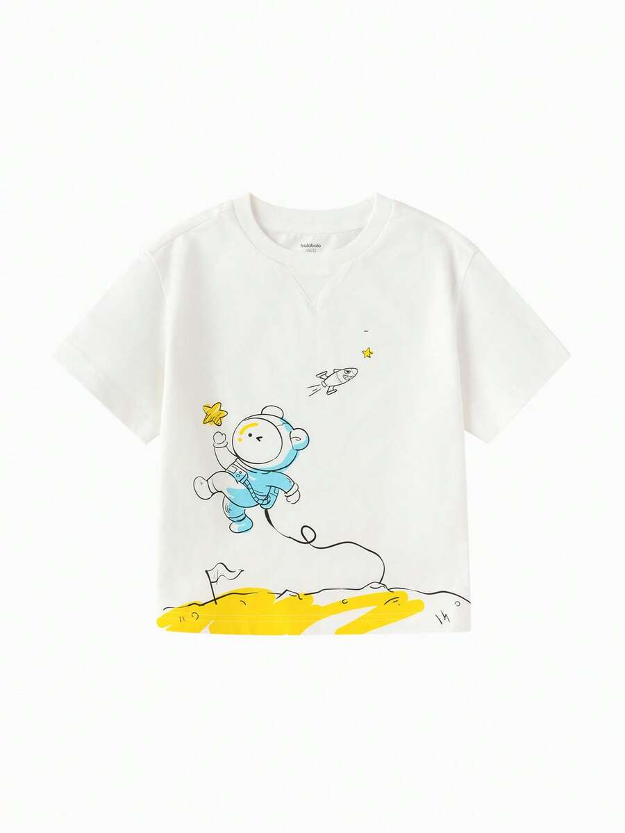 Áo thun ngắn tay bằng cotton mềm mại, kiểu dáng thường ngày dành cho bé trai, in hình chủ đề không gian và phiêu lưu. - Benbai - Xem 1