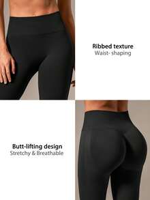 NcmRyu Leggings elásticos de cintura alta de unicolor con costillas sin costuras y ajuste ceñido para mujer, primavera - Negro - Ver 3