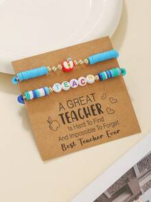 2pcs/Set Back To School "TEACH" Letter Beaded & Apple Shaped Polymer Clay Elastic Bracelet Set, Suitable For Gift Giving And Daily Wear - Multicolor - View 15