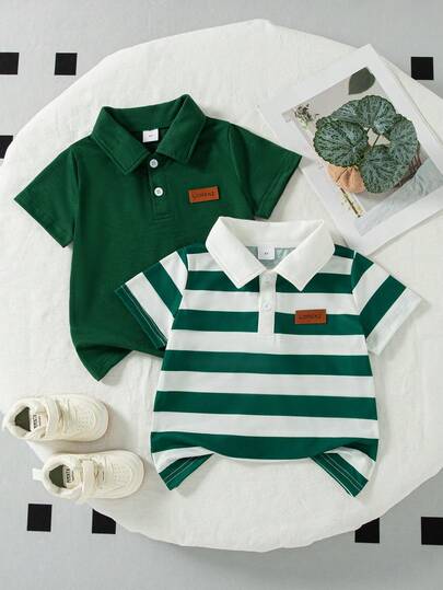 2pcs/Set Boys' Casual Striped Print Polo Shirt With Patch Decoration, Short Sleeve Top For Spring/Summer