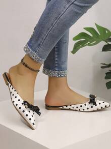 Elegant Polka Dot Office Shoes,  Bow Decor White Flats For Summer, Slip-On Slippers  Women's Flats - 白色 - 查看 8