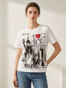 I Love NY Graphic Print T-Shirt - Statue Of Liberty Manhattan Landmark New York City Retro Streetwear Crew Neck Short Sleeve Top.   For Women,Valentine Outfits For Women,Tops De Mujer, Vacation Outfits Women, Clothes Women,Vintage Summer Outfits For Women, Track Suit For Her. A Perfect Valentine's Day Gift For Your Loved One! - 白色 - 查看 11