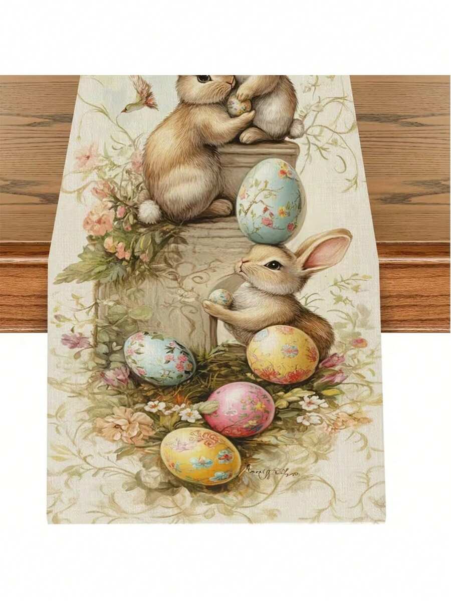 Stampa piatta 2D, con disegni del coniglietto di Pasqua e delle uova, caratterizzati da colori morbidi e caldi, che portano la vitalità della primavera e la gioia festiva nella casa. - Giallo Senape - Visualizzare 1