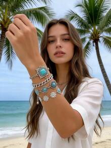 imoli Bộ 5 vòng tay ngọc trai gạo CCB đính hạt màu ngọc lam dành cho nữ, quà tặng thông thường (Họa tiết màu ngọc lam ngẫu nhiên) - 31237-bra-blue-EP - Xem 3