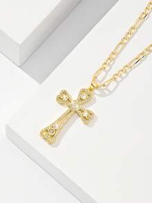 1pc European & American Classic Copper Inlaid Zirconia Cross Pendant Necklace, Limited Edition "Light Of Protection", Suitable For Christmas, Thanksgiving, Halloween, Mother's Day, Valentine's Day, Friends, Church Members, First Holy Communion, Gift, Daily & Holiday Wear, Prayer - Yellow Gold - View 5