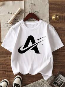 Girls Letter Graphic Print Round Neck Short Sleeve T-Shirt, Fashionable & Girls Clothing - White - View 8