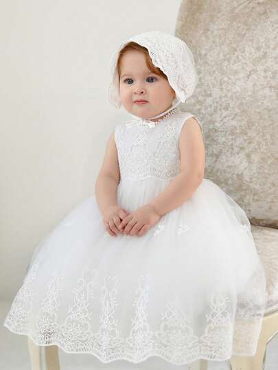 Baby Girl Cute Flower Girl Princess Dress, Sleeveless White Lace Embroidered Mesh Overlay Elegant Party Dress, Suitable For Banquet, 1st Birthday, Christening, Gala, Wedding, Party